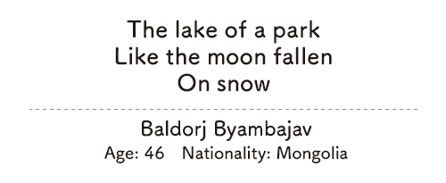 The lake of a park/Like the moon fallen/On snow